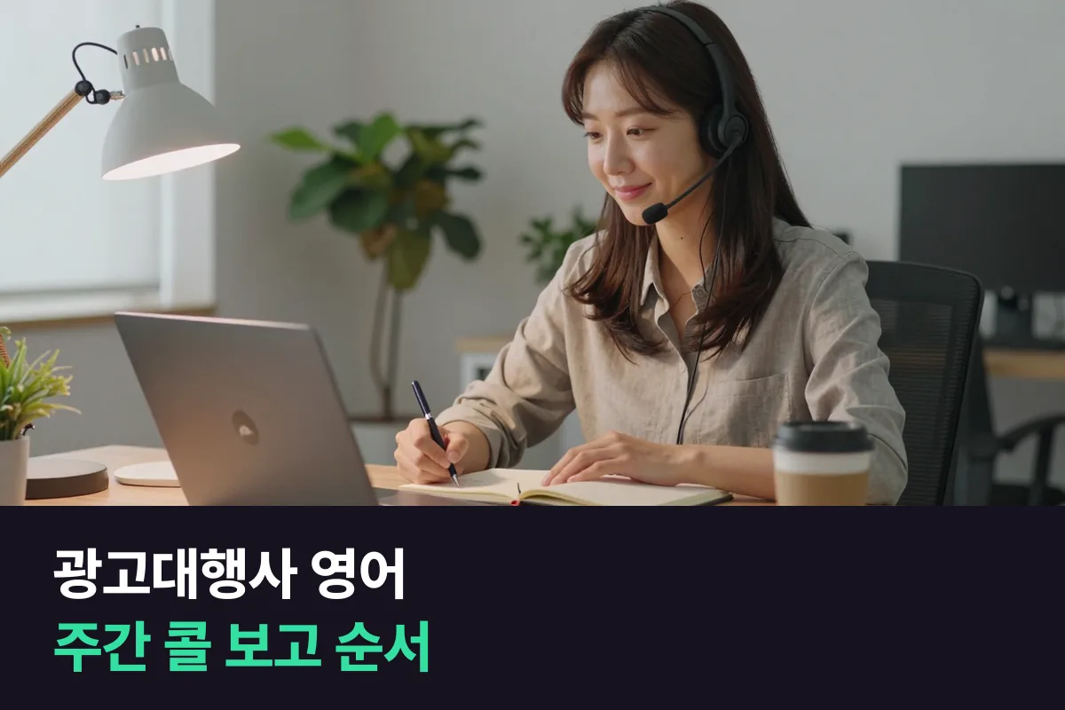 해외 광고주와 주간 콜에서 AE가 성과를 보고하고 일정을 맞추는 광고대행사 영어