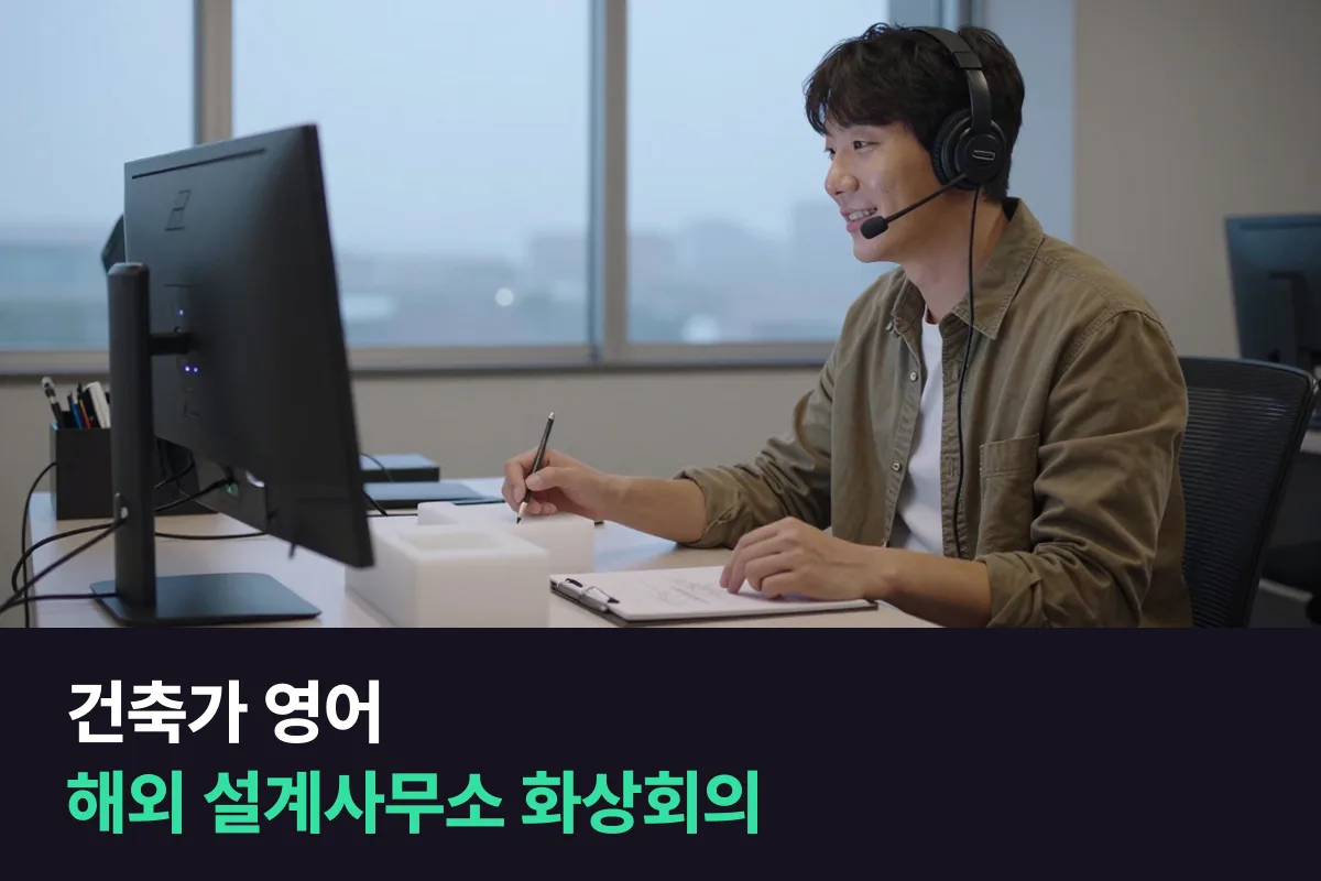 해외 설계사무소와 화상회의로 협업하는 건축가가 도면을 놓고 쓰는 영어