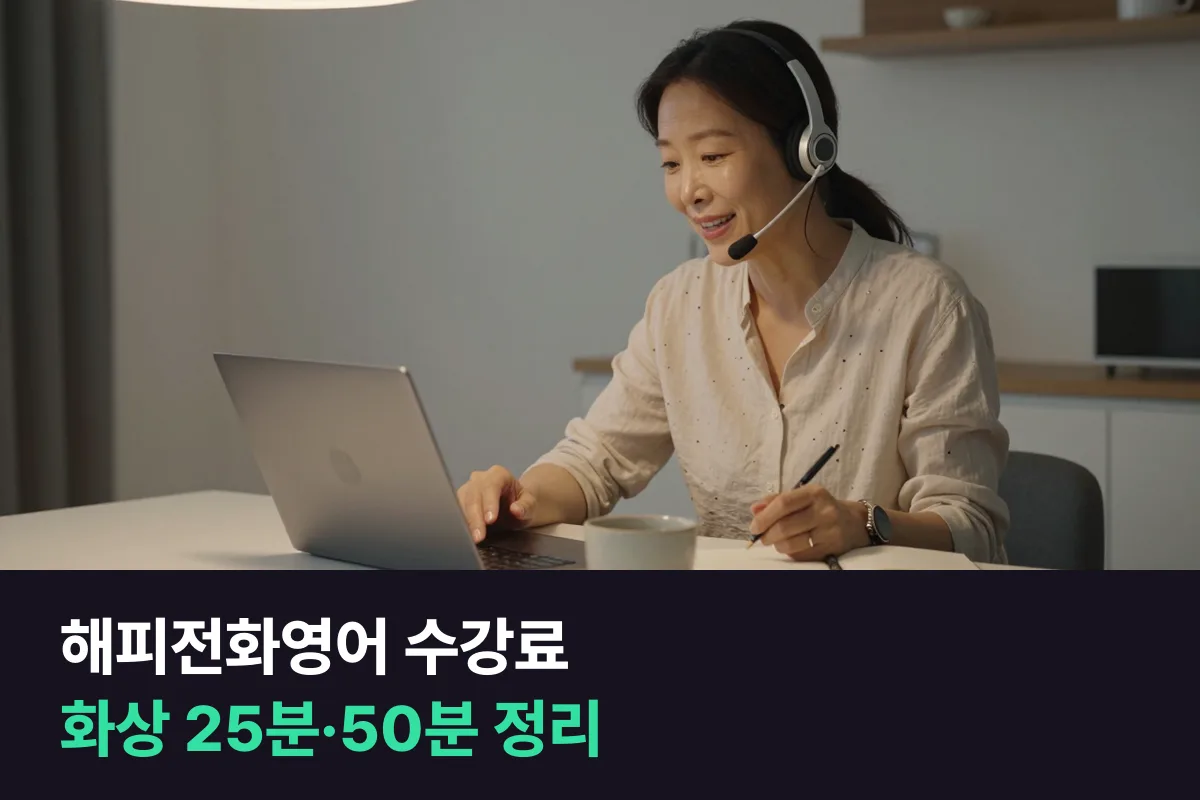 해피전화영어 수강료를 화상 25분·50분, 연기 가능 상품, 전화 수업별로 정리했어요