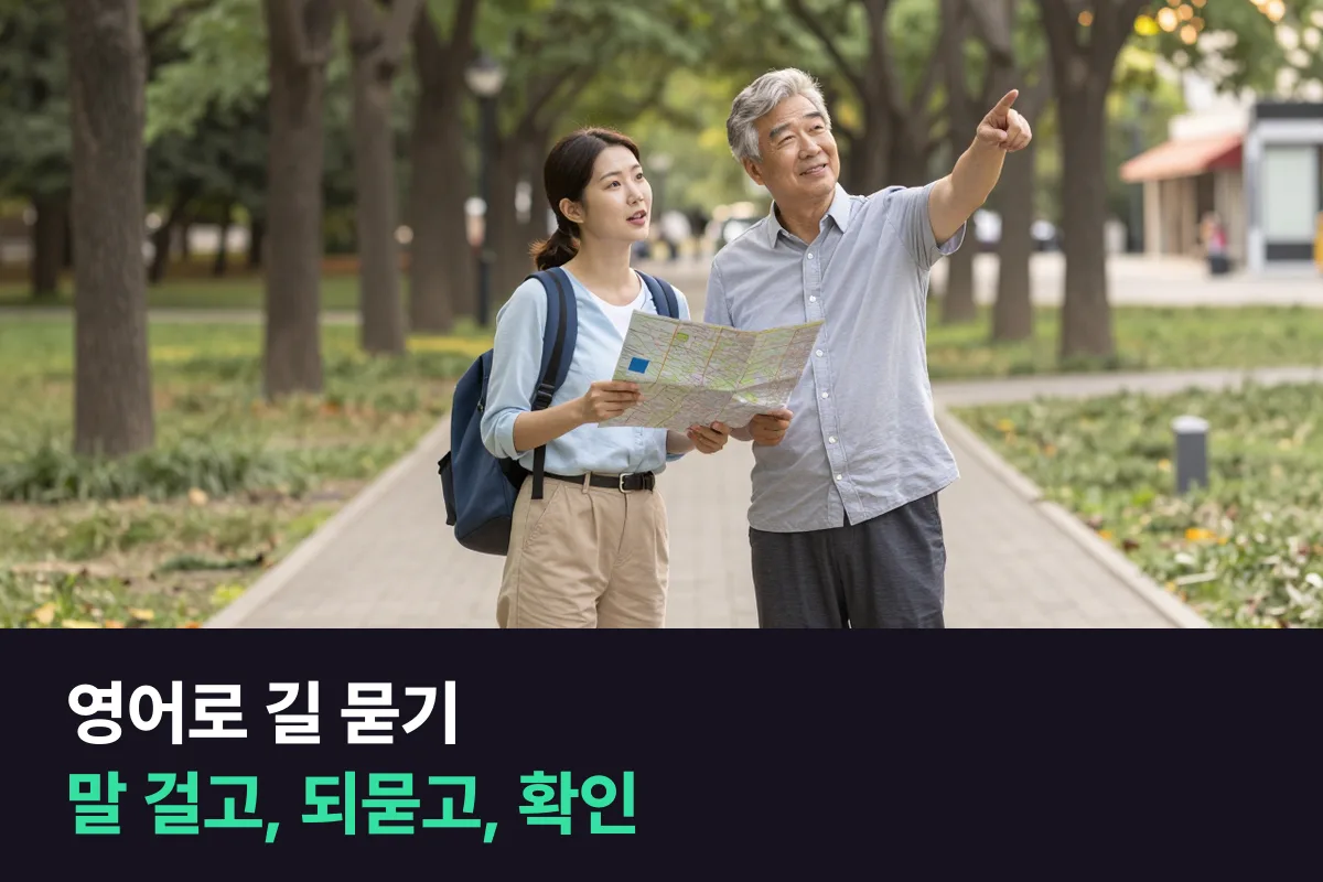 영어로 길을 물을 때 말 걸기 → 어디 가는지 → 되묻기 → 확인의 네 단계 대본