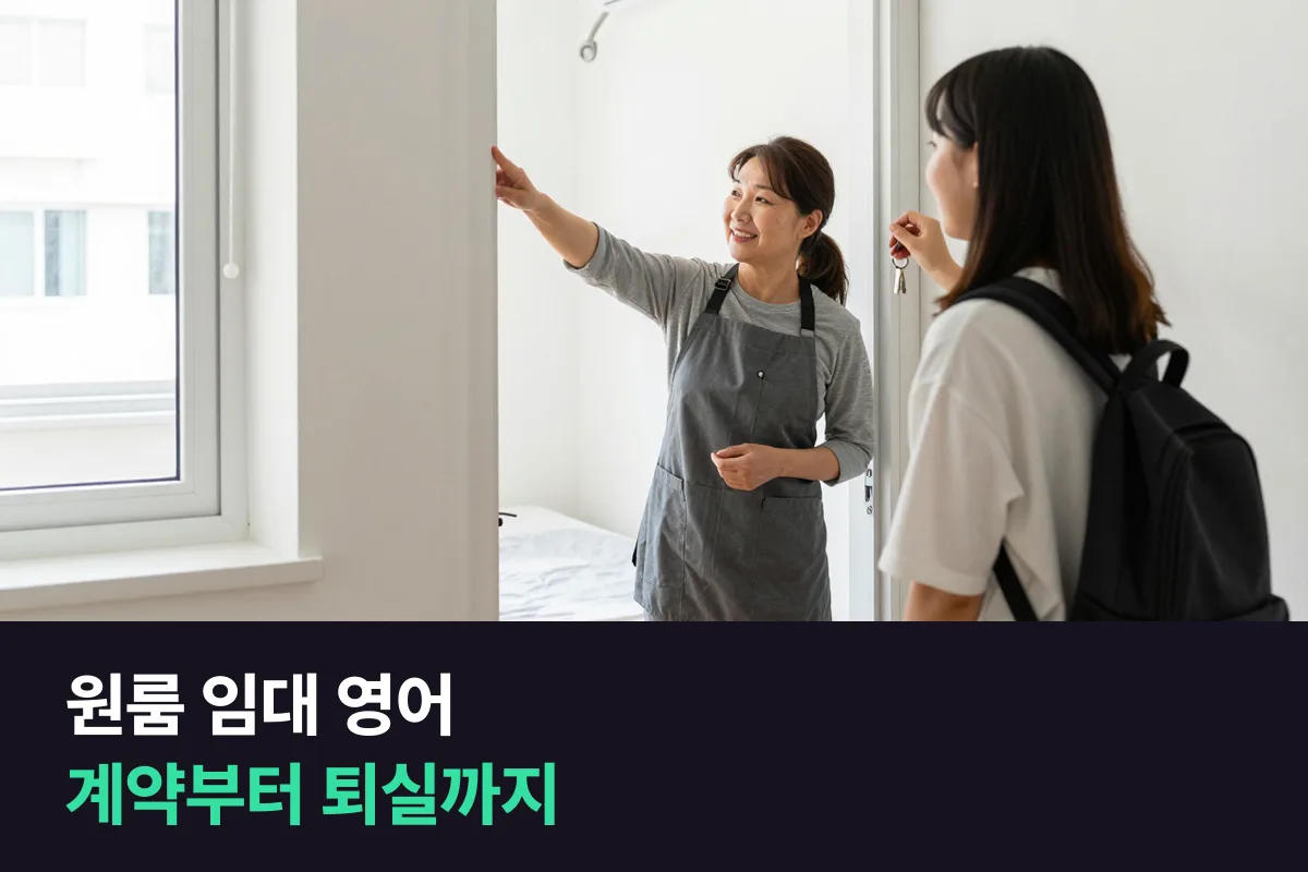 외국인 유학생에게 원룸을 내주는 집주인이 계약부터 퇴실까지 영어로 안내하는 말과 연습 순서