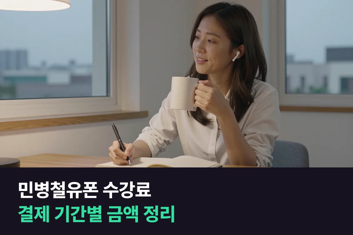 민병철유폰 수강료를 결제 기간별로 정리하고, 같은 칸으로 1:1 전화영어와 비교했어요