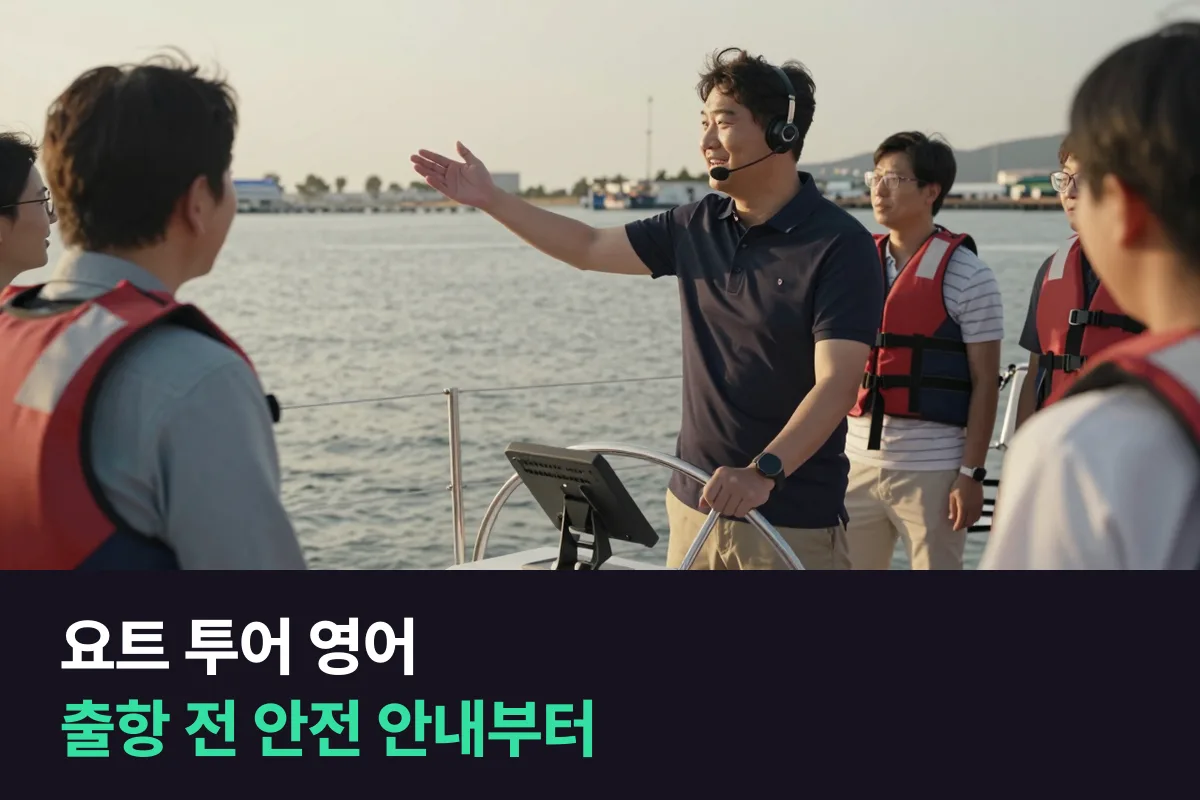 요트·유람선 선장과 승무원이 외국인 관광객에게 출항 전 안전 안내부터 하선까지 영어로 말하는 순서